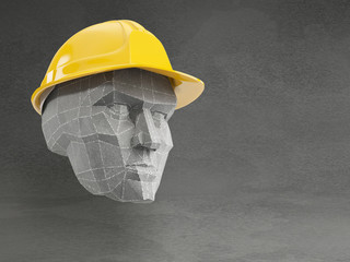Polygonal men head with yellow safety helmet on grey background