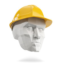 Polygonal men head with yellow safety helmet on white background