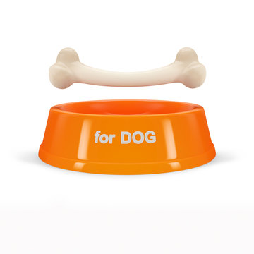 orange bowl with bone for dog, isolated on white background