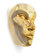 wireframe polygonal golden mask hanging on the white wall