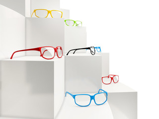 collection of eyeglasses on showcase