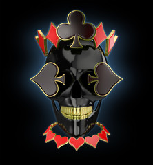 black skull with a poker card symbols on dark background