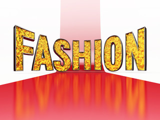the word fashion written in golden polygonal letters on the red carpet.