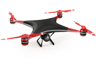 black quadcopter drone with HD camera on white background