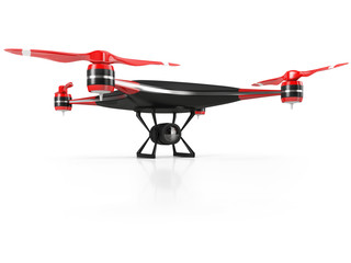 black quadcopter drone with HD camera on white background