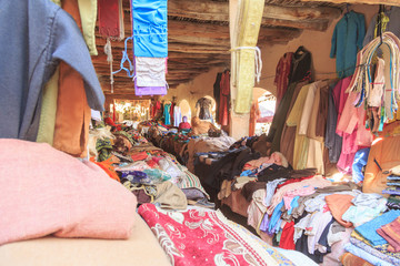 Market stall with drapery on the market in Marrakesh, Morocco.