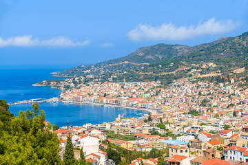 A view of Samos town which is located in beautiful bay on coast of Samos island, Greece
