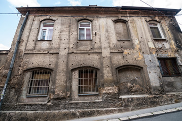 bullet holes on building wall in Sarajevo, Bosnia and Herzegovina