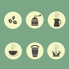 Coffee circle icons, black or dark gray marks on light yellow, pastel green background. Coffee grinder, coffee, a steaming cup, coffee beans, plastic cups, vintage. Design element, vector