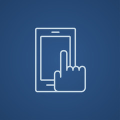 Finger pointing at smart phone line icon.