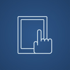 Finger pointing at tablet line icon.