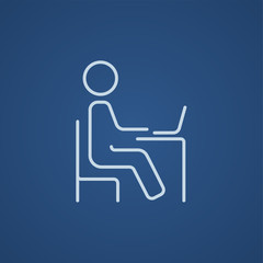 Student sitting on chair in front of laptop line icon.