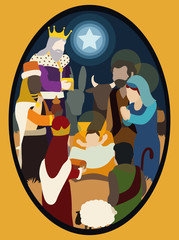 Wise Men Visiting the Holy Family with their Gifts for baby Jesus, Vector Illustration