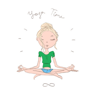 Cute and Cozy Illustration of a Blonde Girl Doing Lotus Asana in Yoga