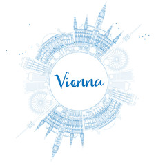 Outline Vienna Skyline with Blue Buildings Copy Space. Some elements have transparency mode different from normal.