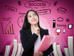 Fototapeta premium Asian woman thinking many ideas on business background.