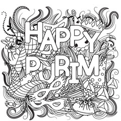 Hand drawn background Jewish holiday Purim: carnival masks and hats, candy, traditional cookies doodles elements.  Vector illustration. 
