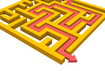 business looking at maze bend with red arrow to exit