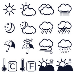 16 weather icons on white background. Vector illustration.