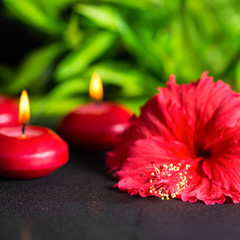 beautiful spa background of red hibiscus flower, bamboo and cand
