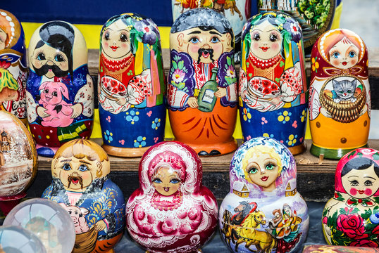Nesting dolls. Colorful Ukrainian and Russian souvenirs