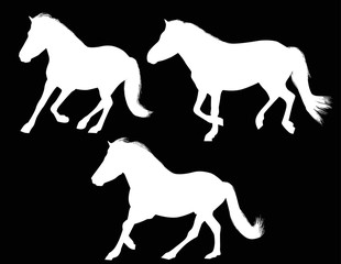 three running black horses on black