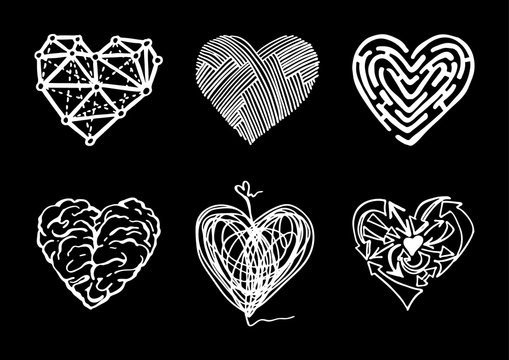 Set of different abstract hearts in doodle style