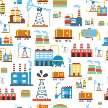 Industrial seamless pattern with oil and petrol icons. Extraction  refinery facilities