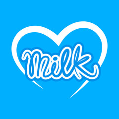 Blue and white milk text and heart logo / icon concept. Vector design.