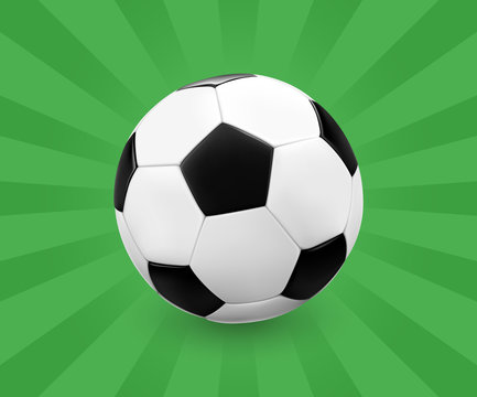 Soccer ball / football on green background with light rays. Vector illustration.