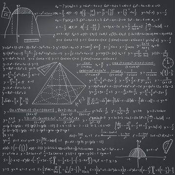 Mathematical formulas on a black school board