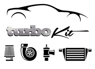 Vehicle turbo kit performance car parts icons set. Vector illustration.