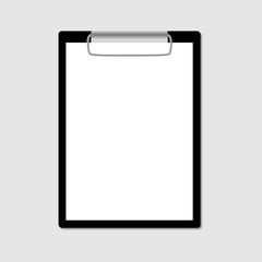 Black clipboard with blank sheet of paper isolated on gray.