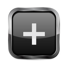 Square Button. Black Shiny glass button with metal frame. Plus  icon.
