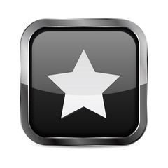 Square Button. Black Shiny glass button with metal frame. Favorite  icon.
