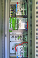 Industrial electrical panel with electronic devices for relay protection and process controlling closeup