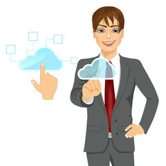 Cloud computing concept businessman touching the icon