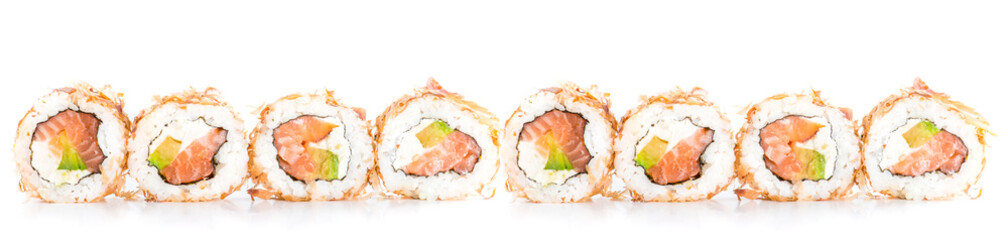 close-up of traditional fresh japanese seafood sushi rolls on a