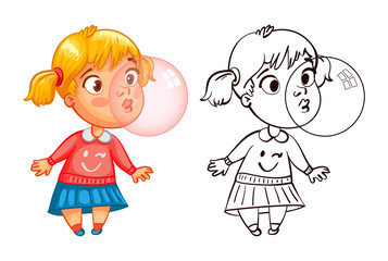 Funny girl inflates a bubble of gum. Funny cartoon character. Vector illustration. Coloring book. Isolated on white background