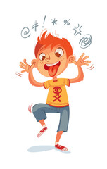The boy swearing and grimacing for the camera. Funny cartoon character. Vector illustration. Isolated on white background