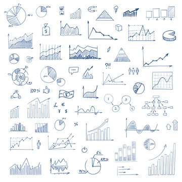 Freehand drawing charts items on a sheet of exercise book. Vector illustration. Set