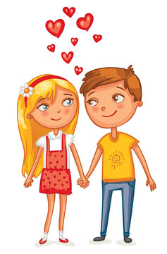 Happy Valentine's Day. Loving couple holding hands. Funny cartoon character. Vector illustration. Isolated on white background