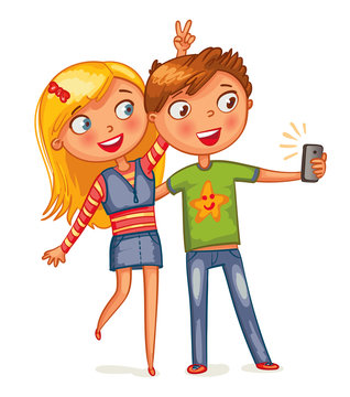 Boy and girl posing together. Friends making selfie.  Funny cartoon character. Vector illustration. Isolated on white background