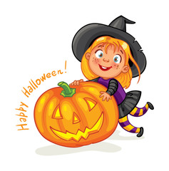 Happy Halloween. Funny little child in colorful costumes. Girl dressed as a witch and halloween pumpkin. Cartoon character. Vector illustration. Isolated on white background