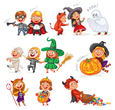 Happy Halloween. Funny little children in colorful costumes. Robber, ghost, mummy, skeleton, witch, vampire, devil. Cartoon character. Vector illustration. Isolated on white background