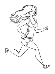 Running woman. Fitness. Healthy lifestyle. Funny cartoon character. Vector illustration. Black and white. Coloring book