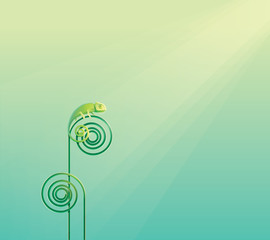 Obraz premium Beautiful chameleon lizard standing on a tall abstract spiral plant on a sunlight rays. Modern contemporary minimalistic vector illustration wallpaper.