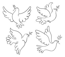 Set of vector symbols dove of peace. Black and white illustration
