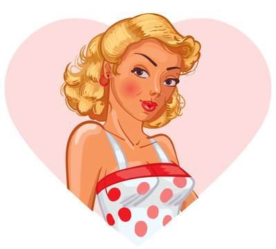 Sexy Pin-up girl. Valentine's Day. Funny cartoon character. Vector illustration. Isolated on white background