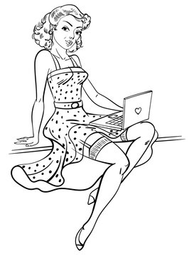 Pin-up girl. Concept for online internet dating. Funny cartoon character. Vector illustration. Coloring book. Black and white